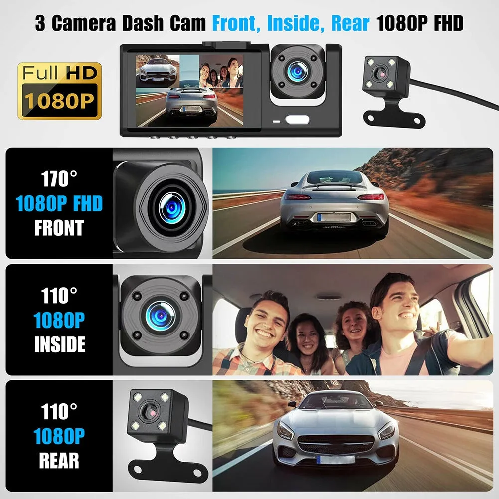 2-inch Screen Car Driving Recorder 3-way HD 1080P 3-lens Parking
