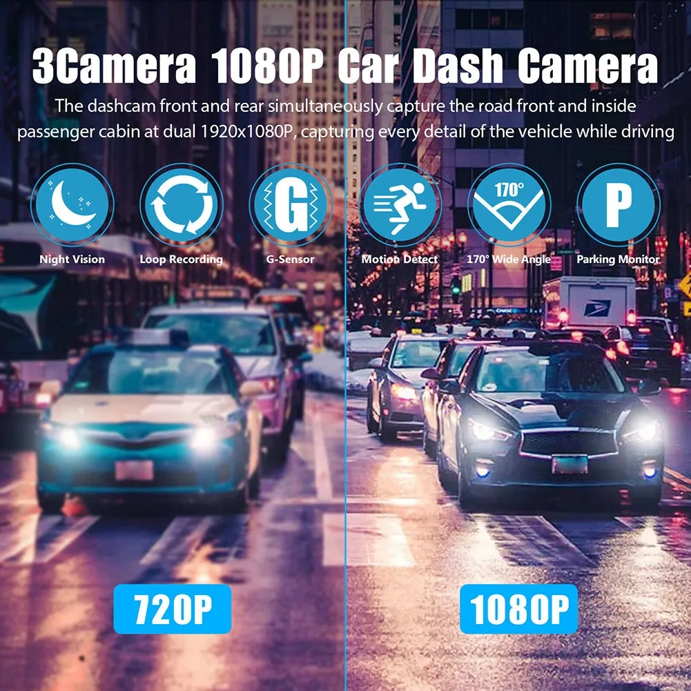 2-inch Screen Car Driving Recorder 3-way HD 1080P 3-lens Parking