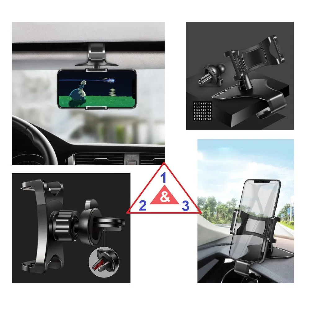 3 in 1 Car GPS Smartphone Holder: Dashboard / Visor Clamp   AC Grid Clip for Fly IQ4516 Tornado Slim - Black
