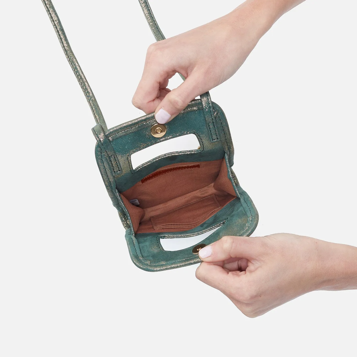 Ace Phone Crossbody in Metallic Leather - Evergreen Shimmer