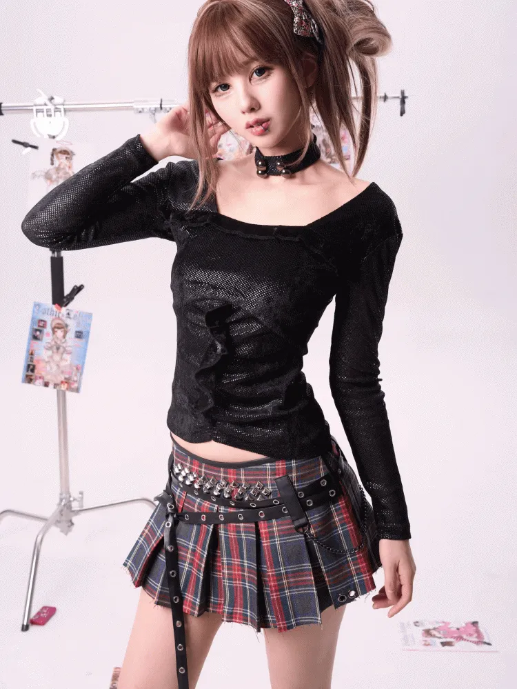 Black Square Neck Sequin Slim-fitting Top