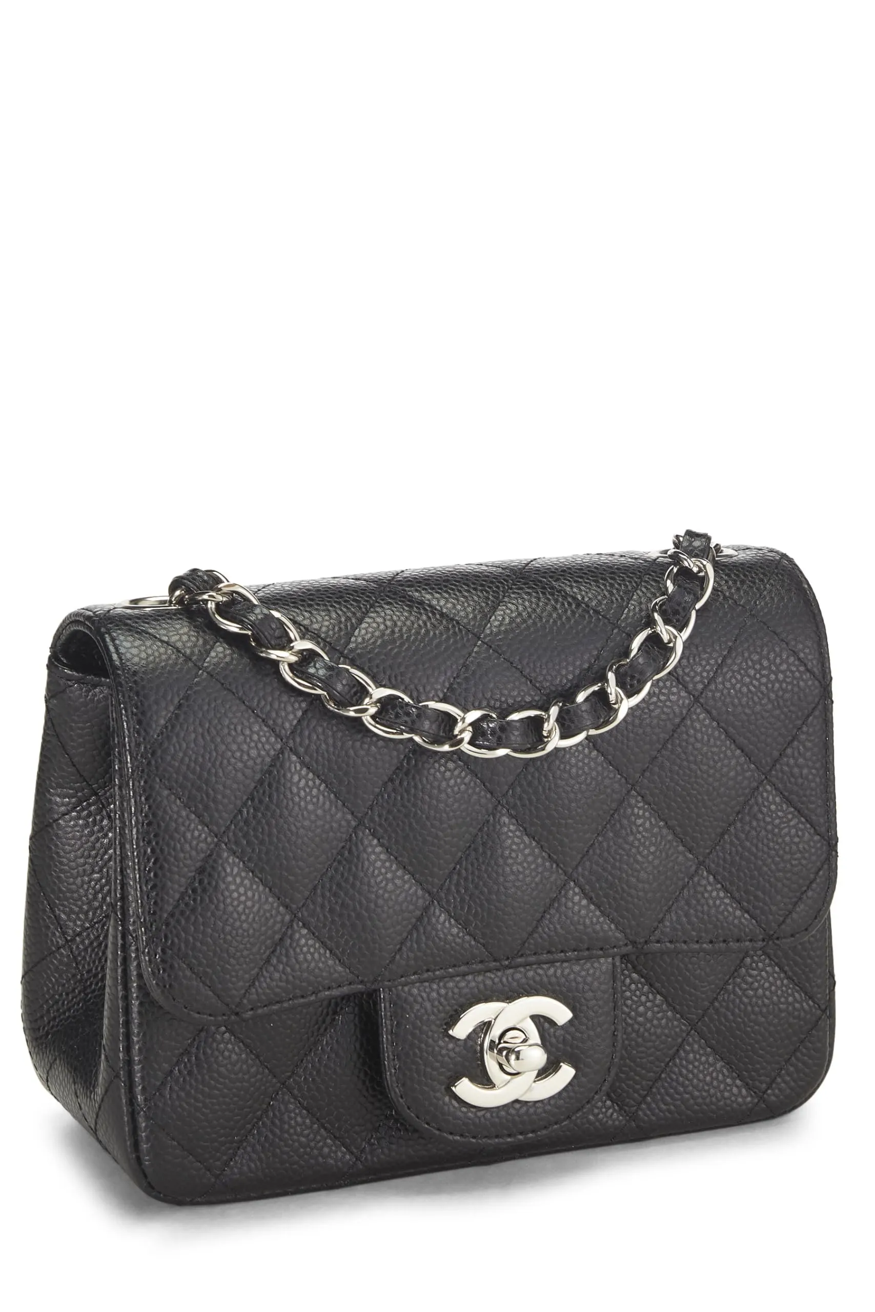 Chanel,  Black Quilted Caviar Classic Square Flap Mini, Black