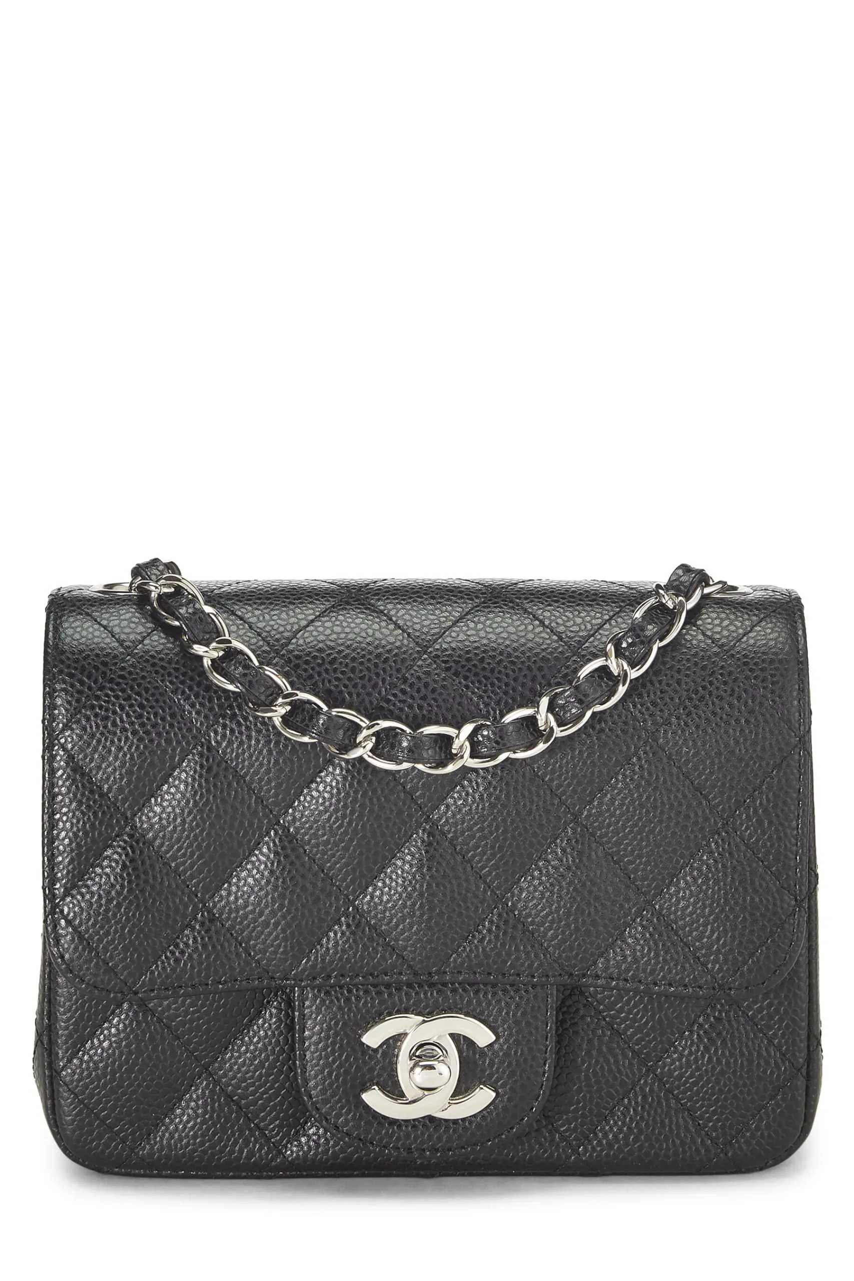 Chanel,  Black Quilted Caviar Classic Square Flap Mini, Black
