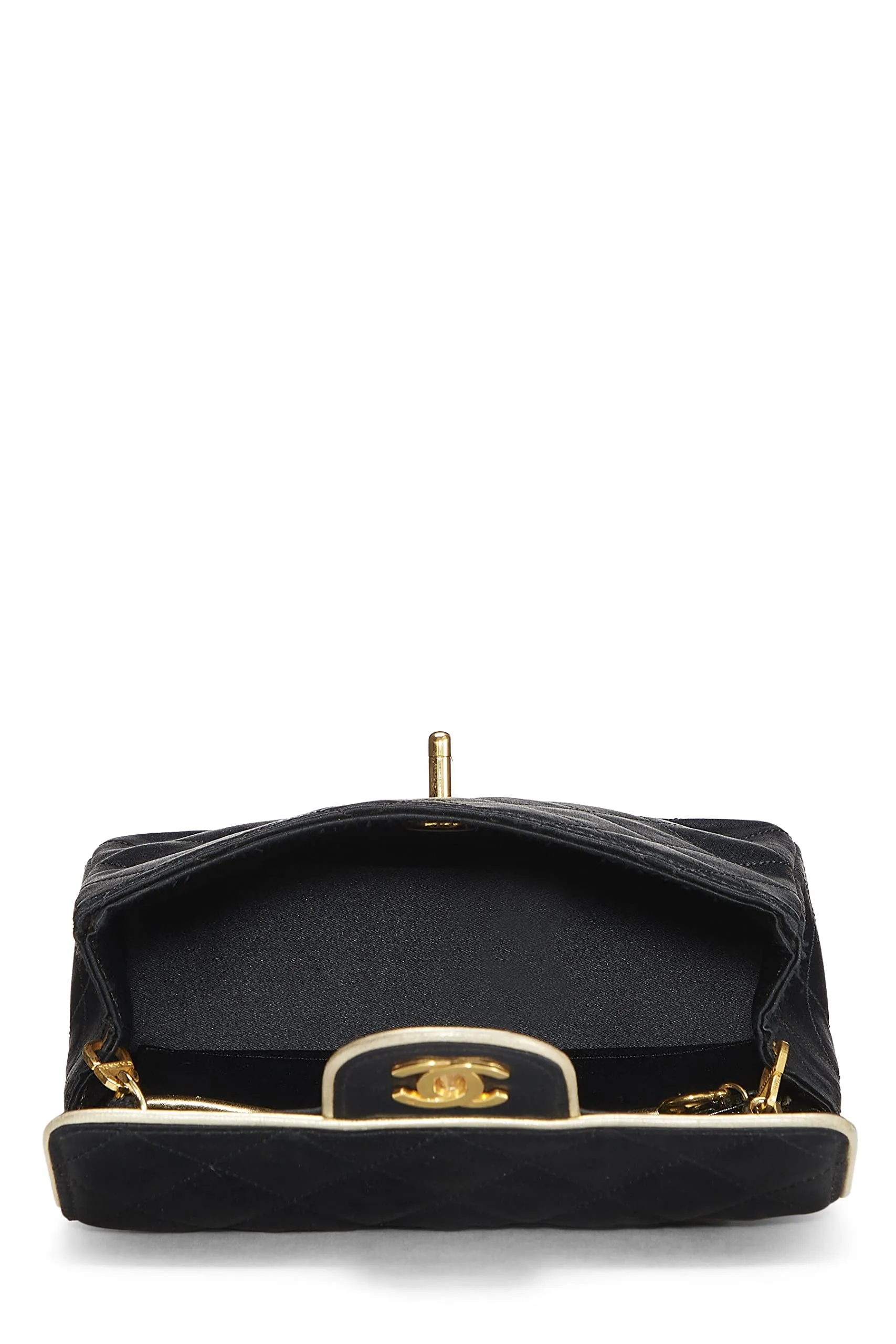 Chanel,  Black Quilted Satin Piped Half Flap Mini, Black