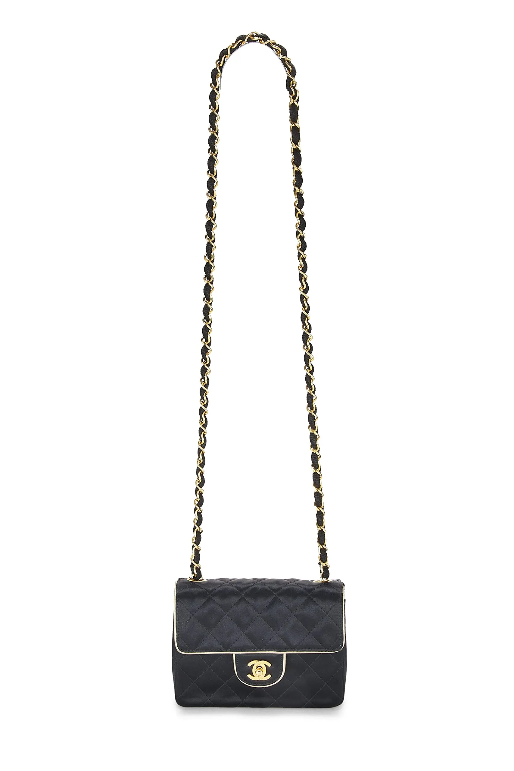 Chanel,  Black Quilted Satin Piped Half Flap Mini, Black