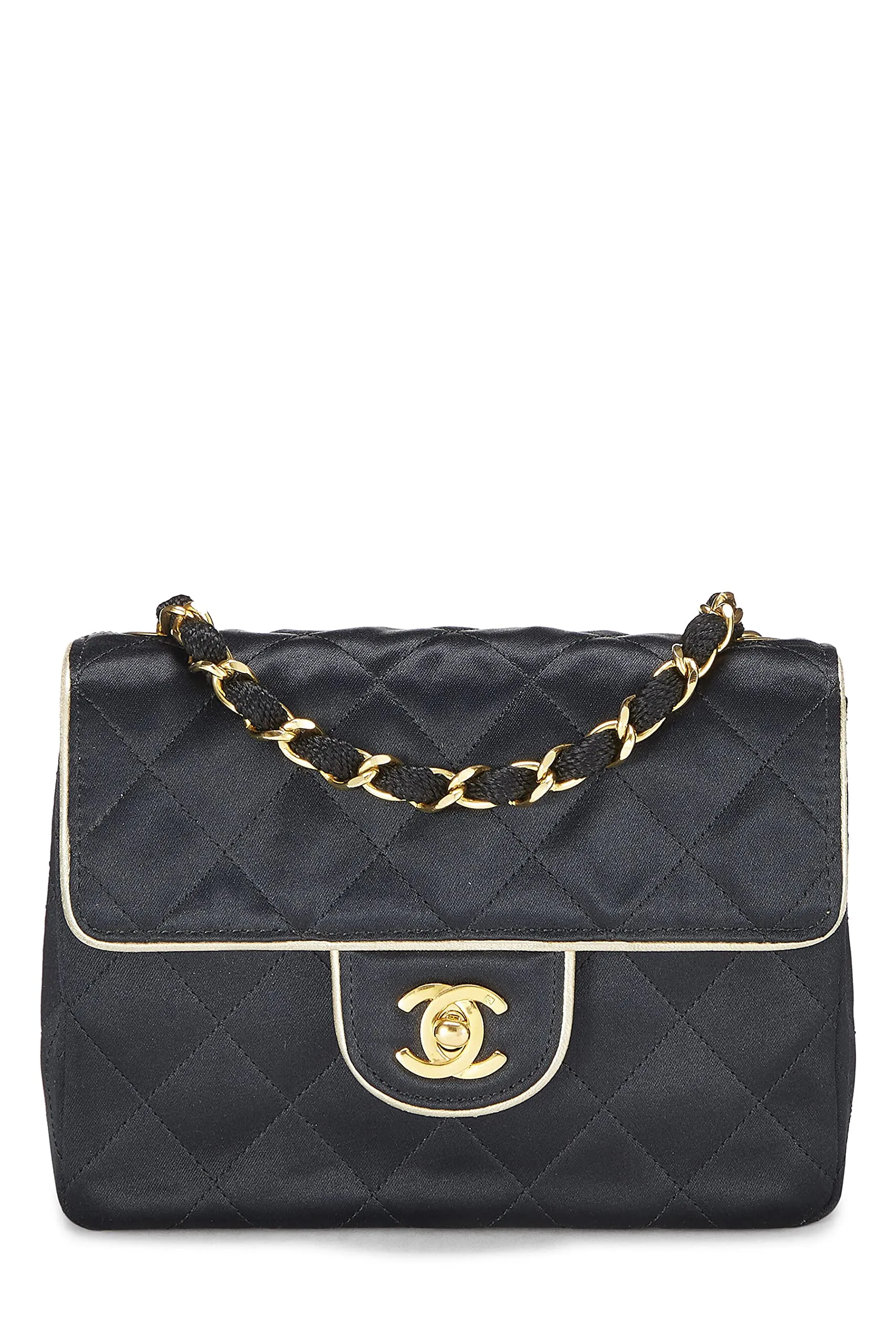Chanel,  Black Quilted Satin Piped Half Flap Mini, Black