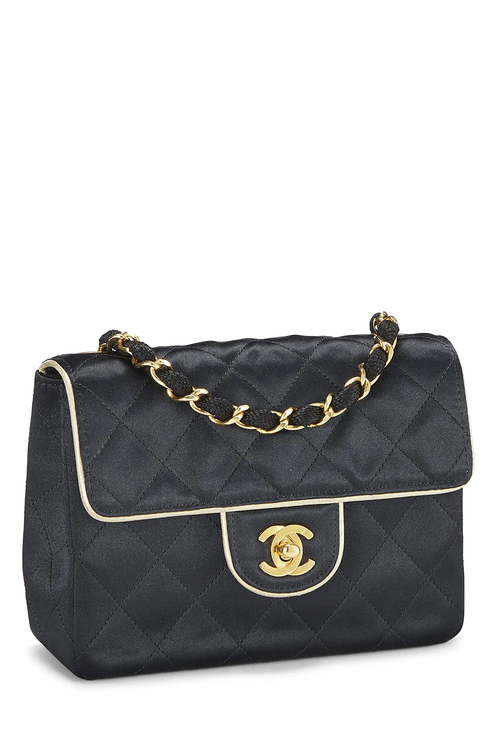 Chanel,  Black Quilted Satin Piped Half Flap Mini, Black