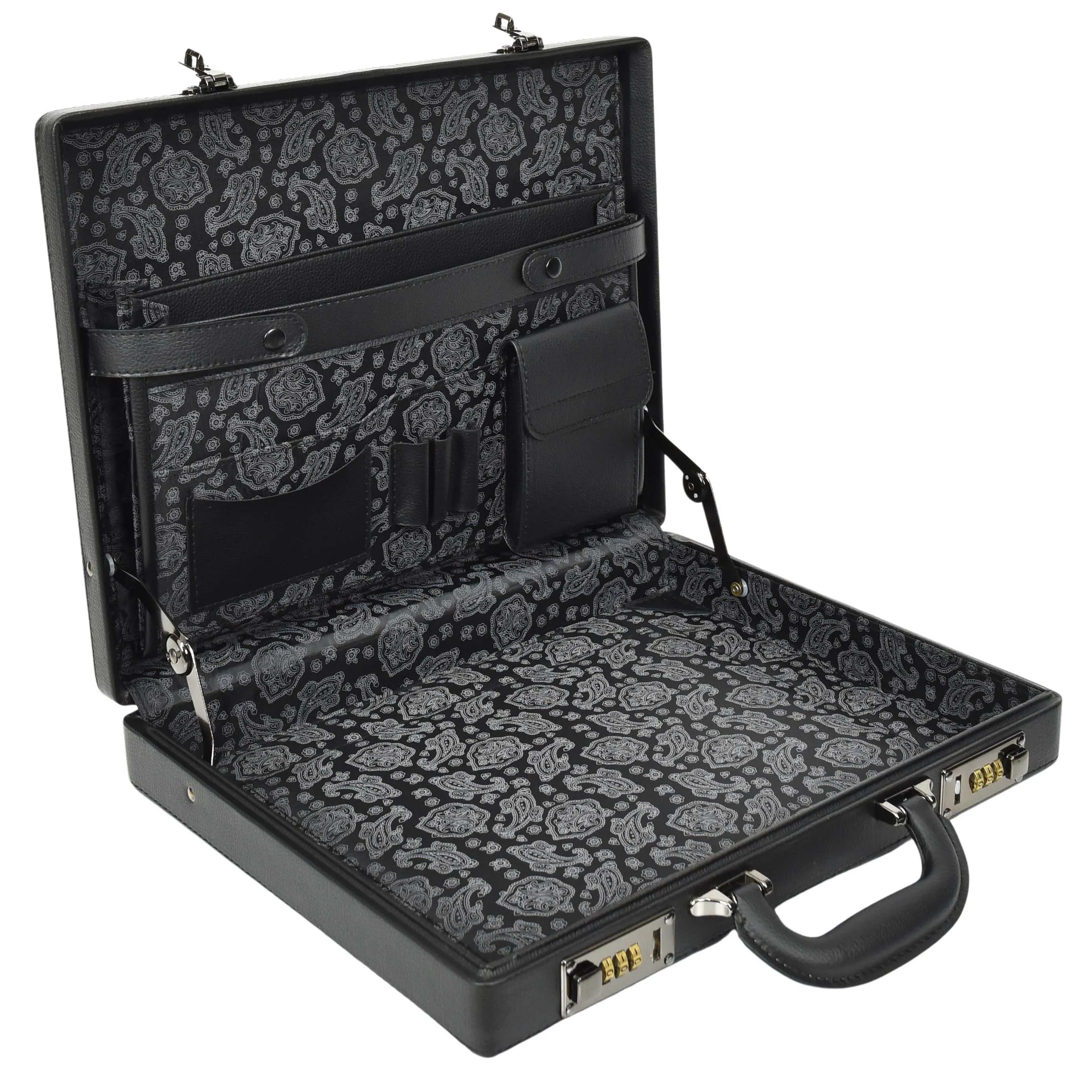 Classic Attache Case Black Faux Leather Dual Lock Slim Line Briefcase Bag Major