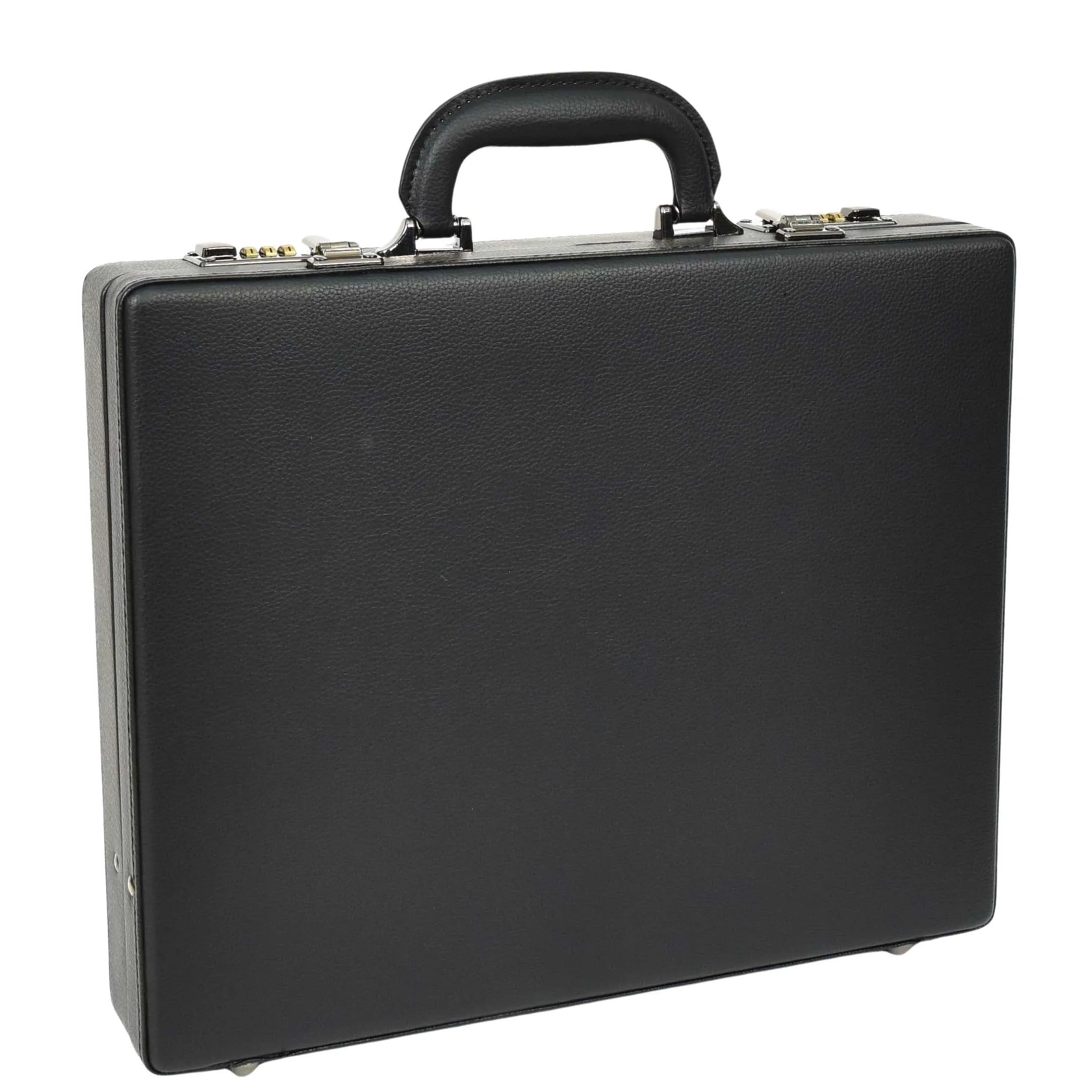 Classic Attache Case Black Faux Leather Dual Lock Slim Line Briefcase Bag Major
