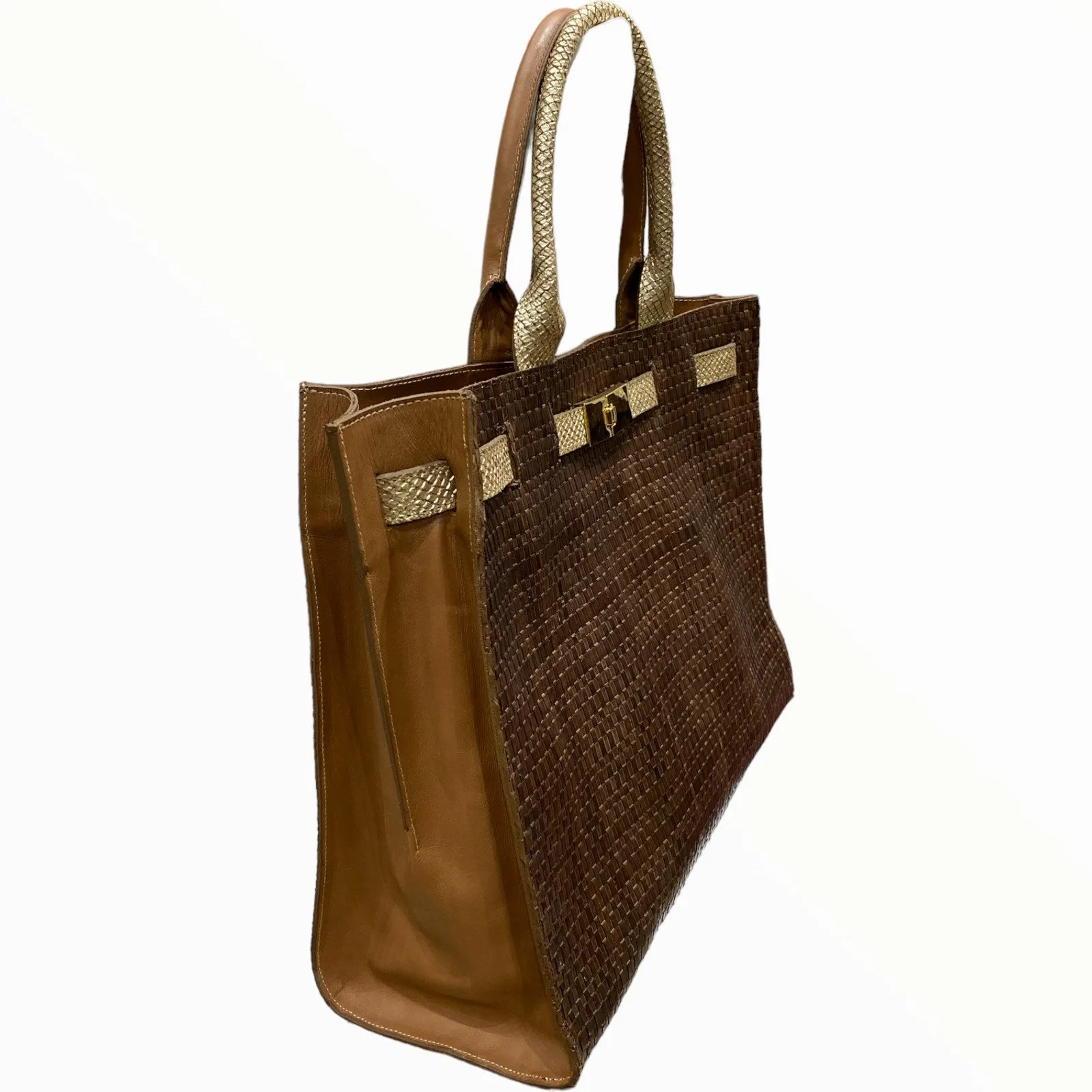 Greta XL. Brown woven and gold leather tote bag