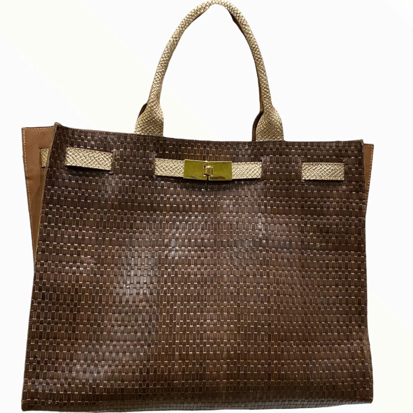 Greta XL. Brown woven and gold leather tote bag