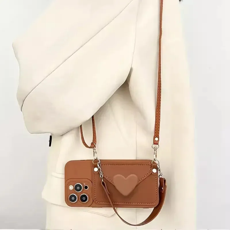 Simple 3D Love Heart Card Holder Wallet Crossbody Phone Case Cover for iPhone