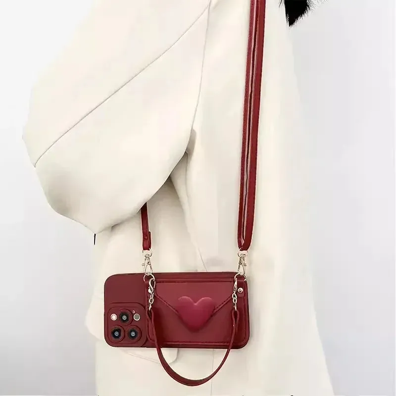 Simple 3D Love Heart Card Holder Wallet Crossbody Phone Case Cover for iPhone