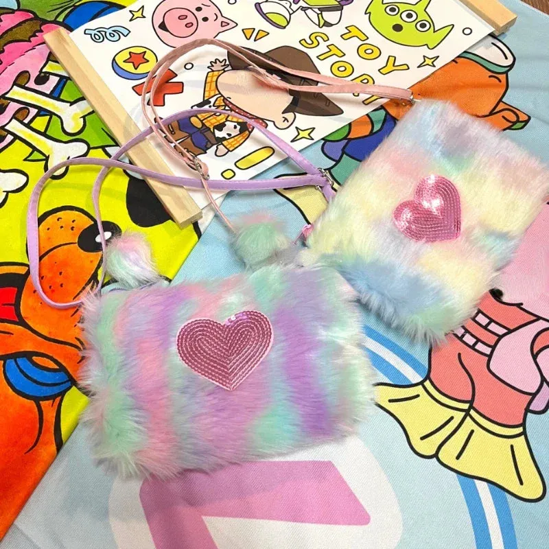 UAKISS  -  Y2k Aesthetic Girls Fluffy Sweet Crossbody Bags Harajuku Vintage Gradient Heart Handbags Casual Kawaii Mini Women's Shoulder Bag